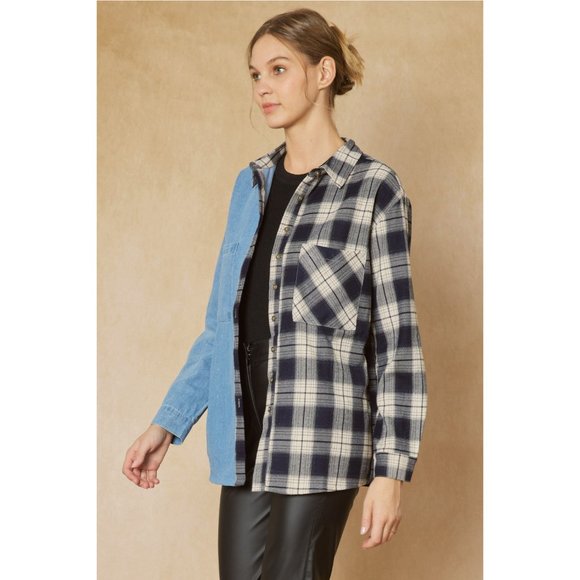Entro Denim & Plaid Long Sleeve Top - Picture 4 of 9